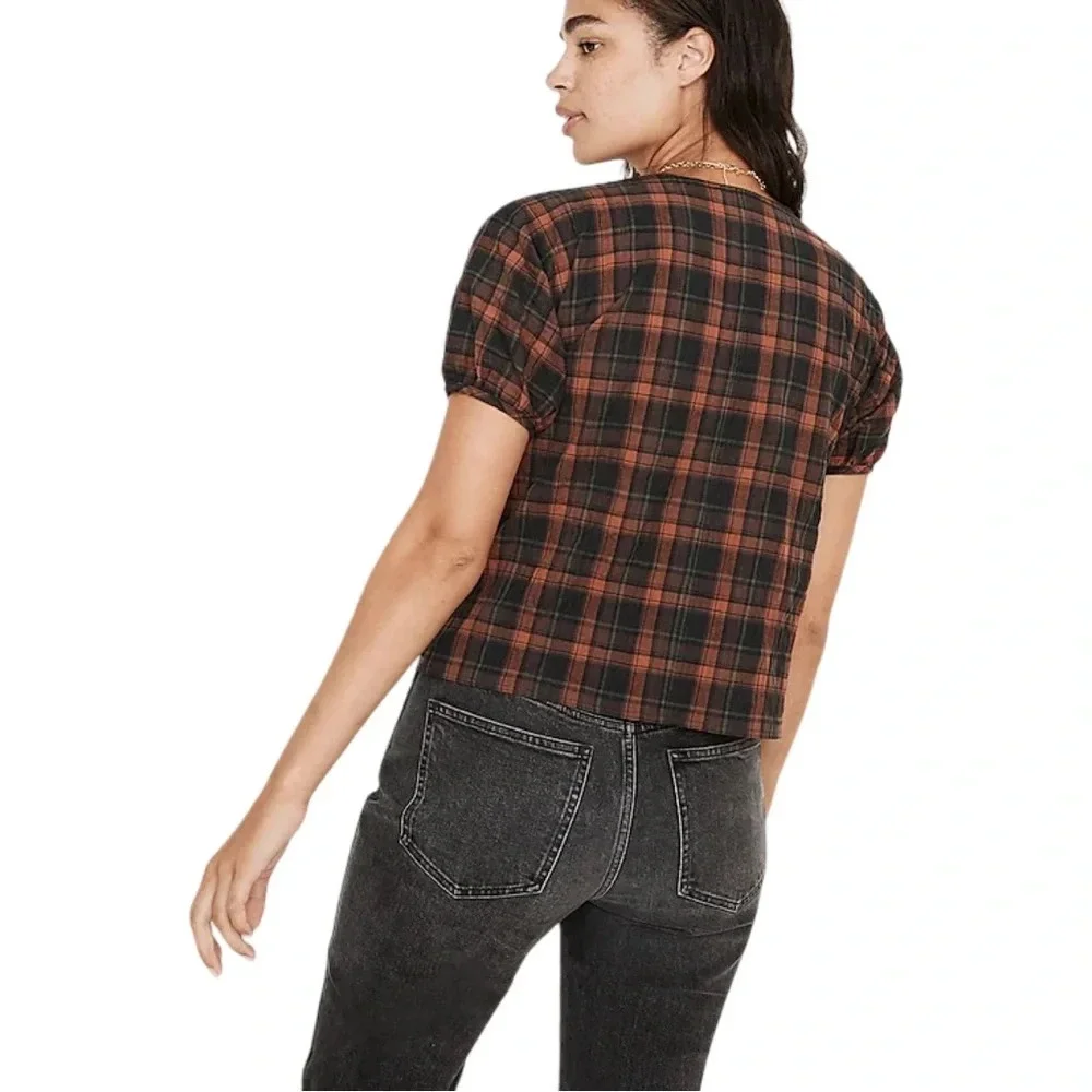 Madewell Gathered V-Neck Top in Fuller Plaid Warm Umber